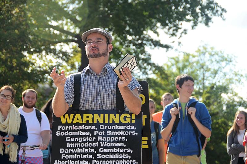 Brother Jesse Morrell preaches at MU during his Open Air Outreach tour