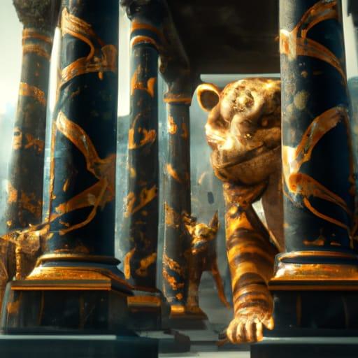 An AI generated piece of artwork of gold and marble columns with giant, gold tigers. 