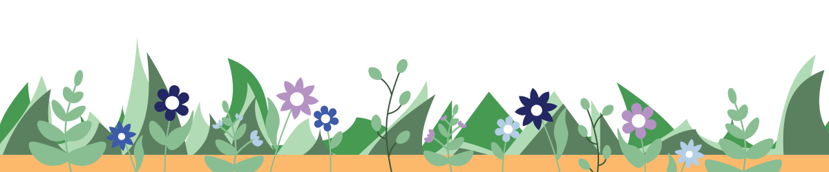 A digitally drawn graphic of flowers and grass in soil. 