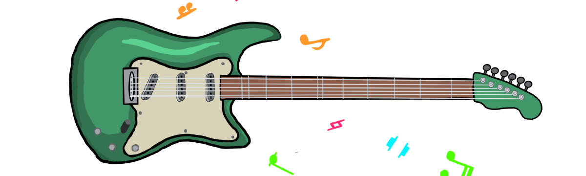 A digitally illustrated graphic of a guitar and floating music notes.