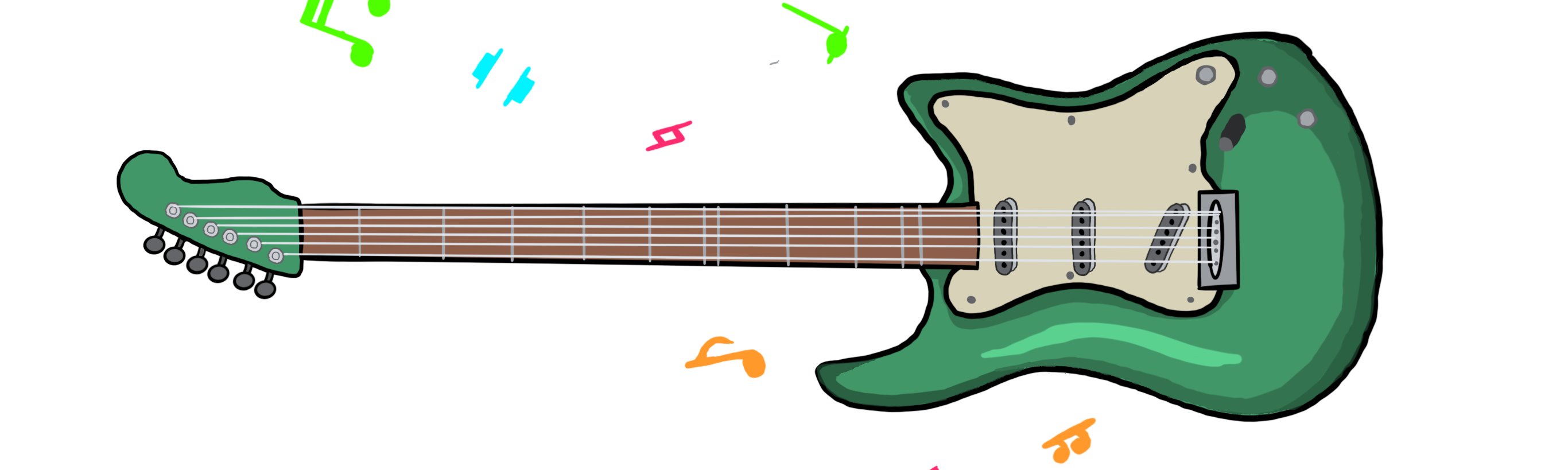 A digitally illustrated graphic of a guitar and floating music notes. 