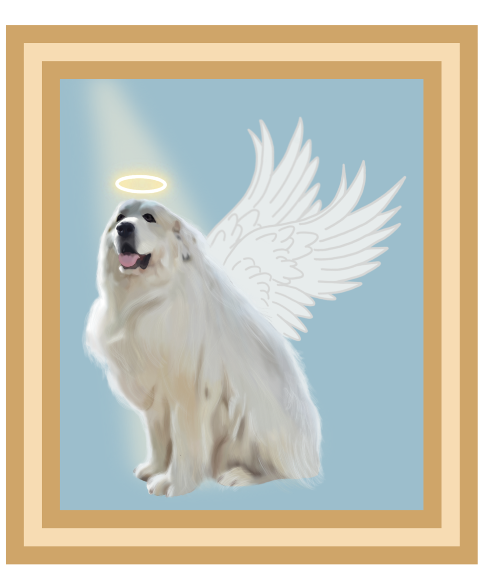 A digitally drawn graphic made to look like a painting with a frame of Harlan with angel wings and a halo.