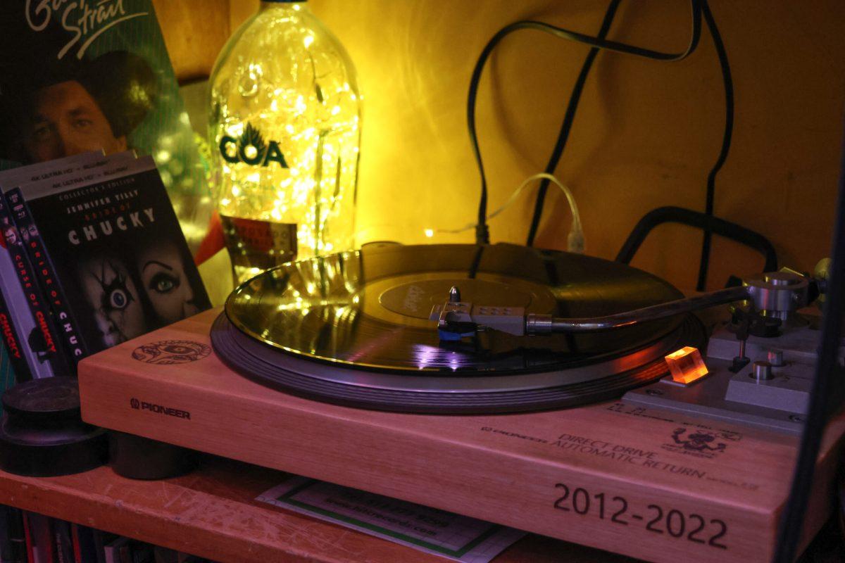  A vinyl record version of Mitski’s new album spinning on a record player.