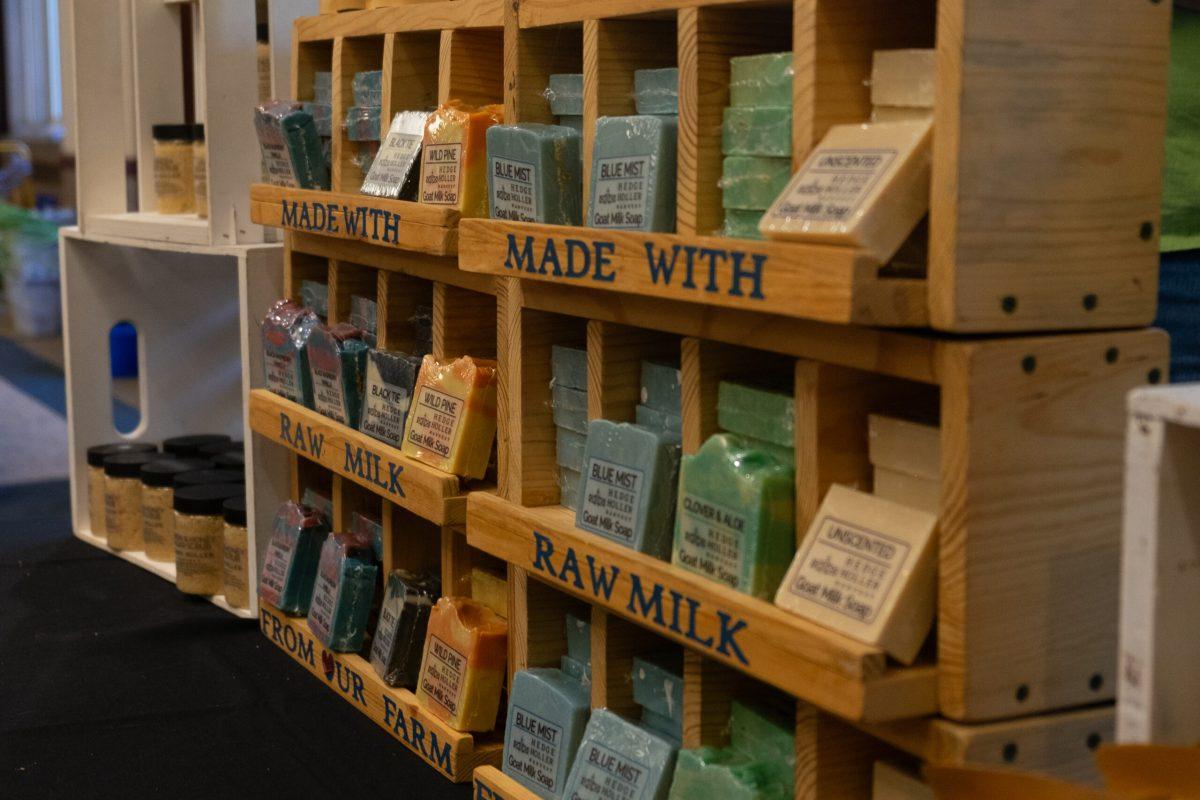 Soap display sits atop a table.