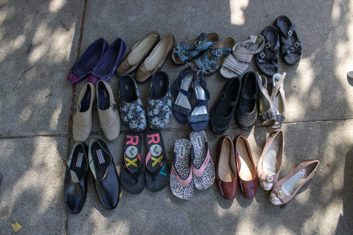 Donated flats, sandals, tennis shoes and heels could be found at the Women in Natural Resources fundraiser at Speakers Circle in Columbia, Mo. 