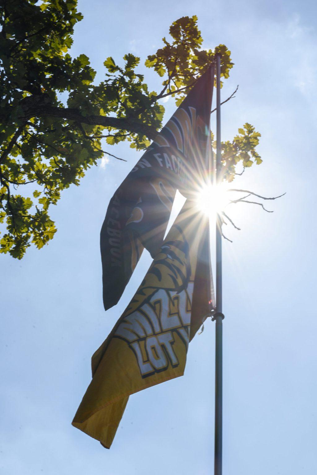 Two Missouri flags fly with the sun in between them
