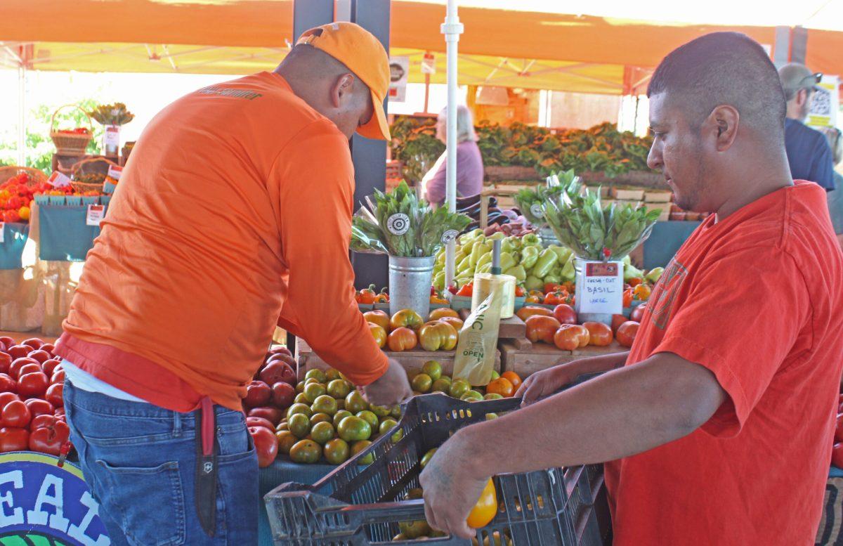 Employees of Happy Hollow Farm unload produce for their booth.
