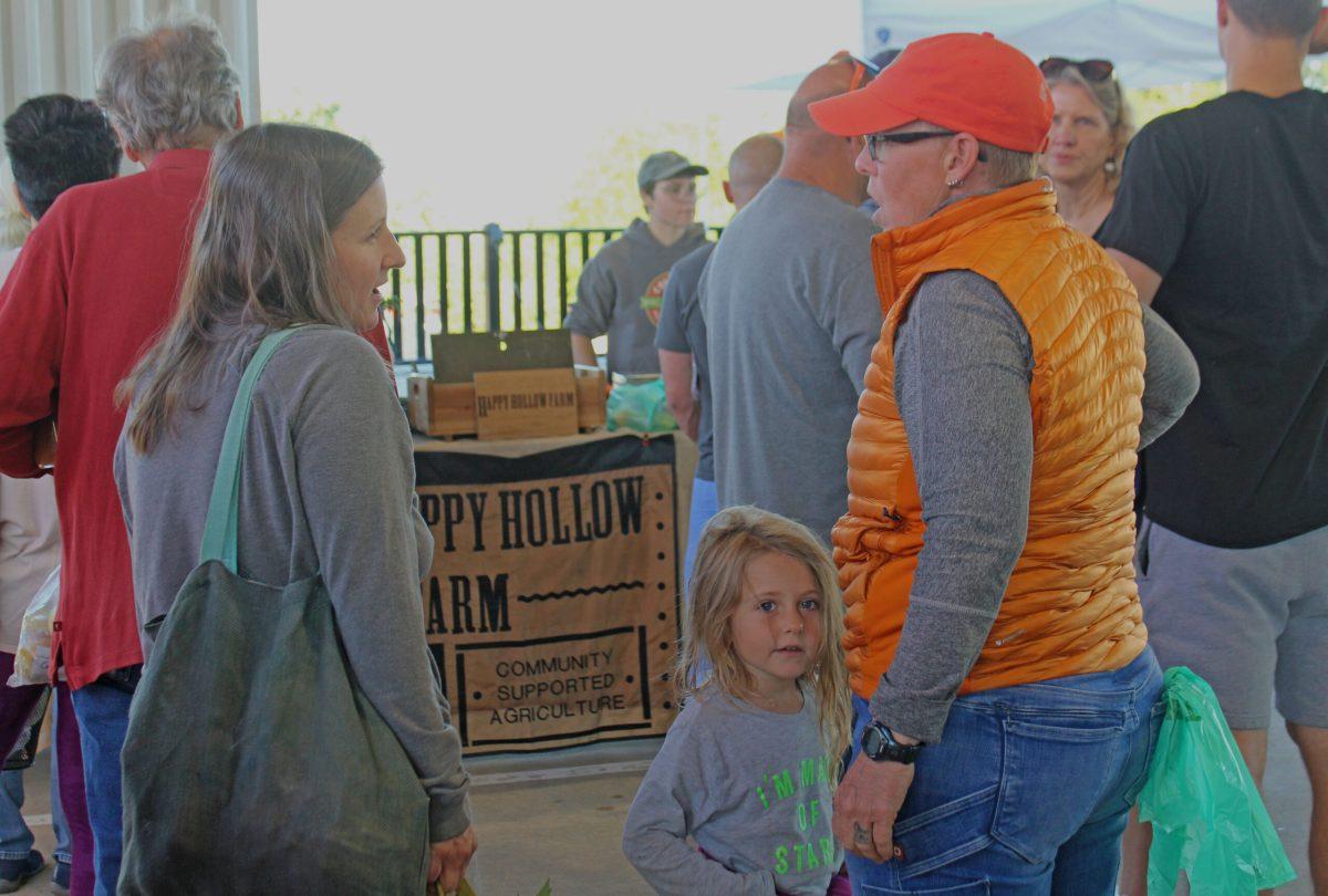 Liz Graznak, a vendor at the farmers market talks to a customer.
