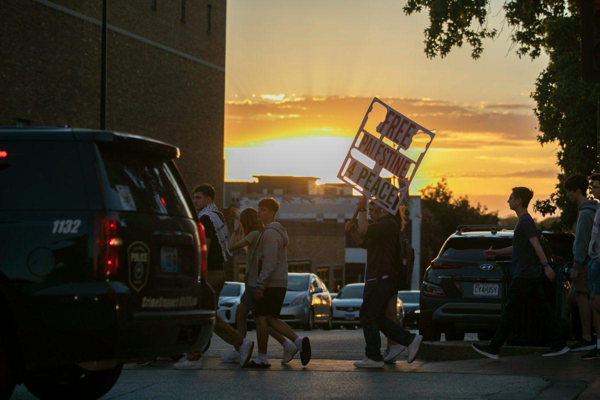 Protesters march with Ian during sunset