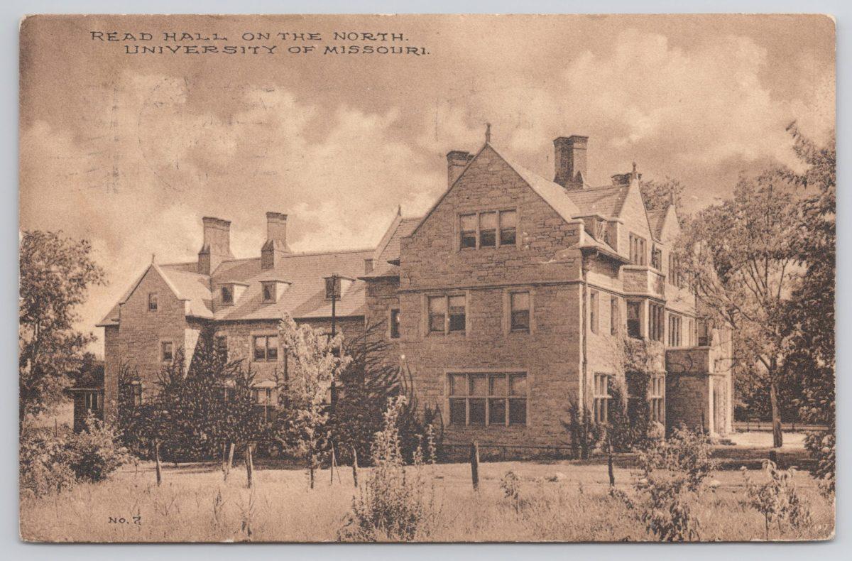 A postcard from 1910 of Read Hall, compared to where the building once stood.
