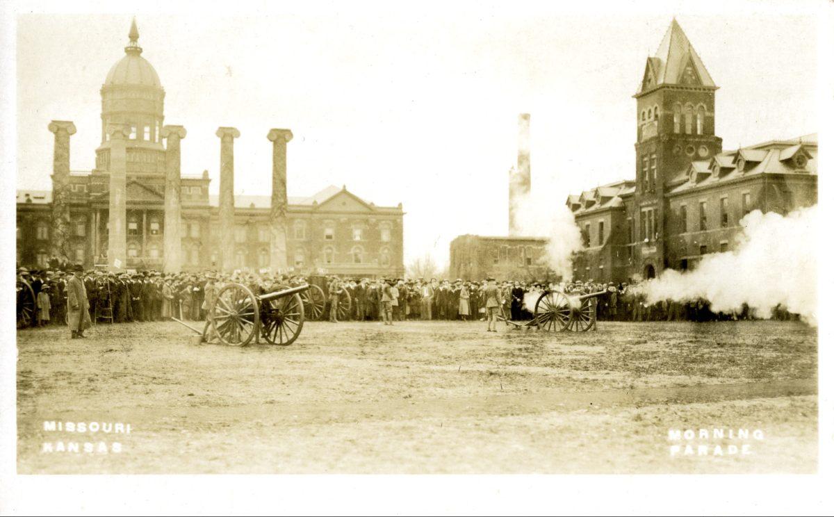 A side by side comparison of a real photo postcard from the early 1900’s of The Quad and a photo of what The Quad looks like today in 2023.