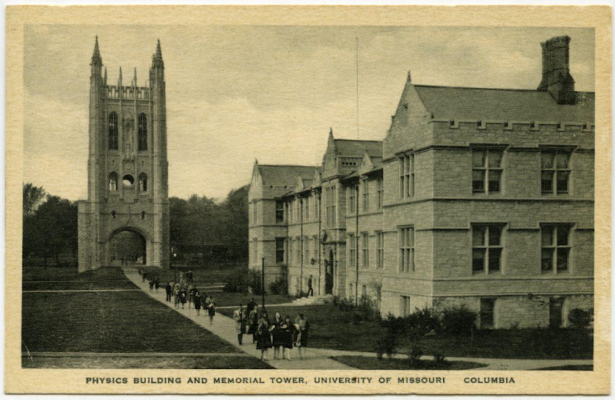 A Postcard of Memorial Union & Physics Buildings before the South and North Wings were added and a recent photo of what Memorial Union looks like today in 2023.