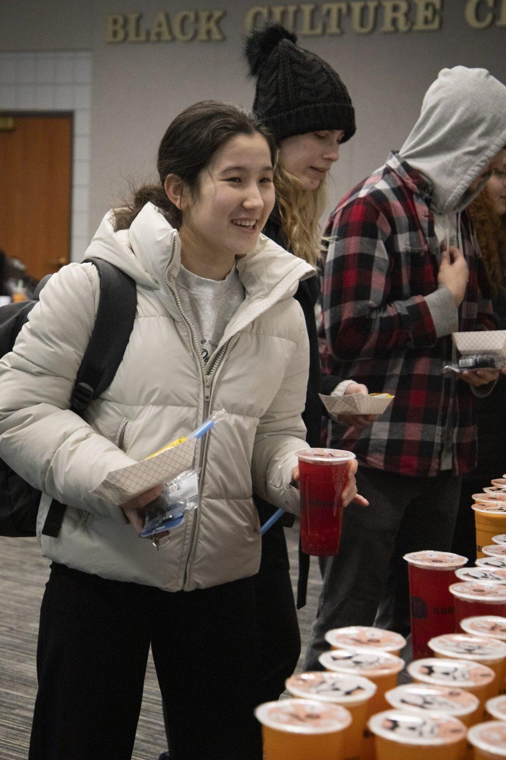 Sophomore Diyora Rakhmonova grabs boba tea.
