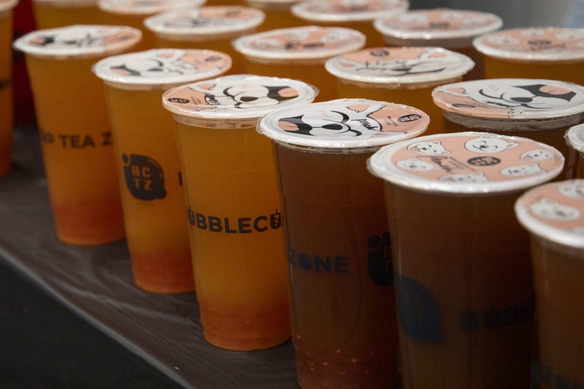 A variety of boba tea from Bubble Cup Tea Zone sit on a table at the Gaines/Oldham Black Cultural Center in Columbia, Missouri.
