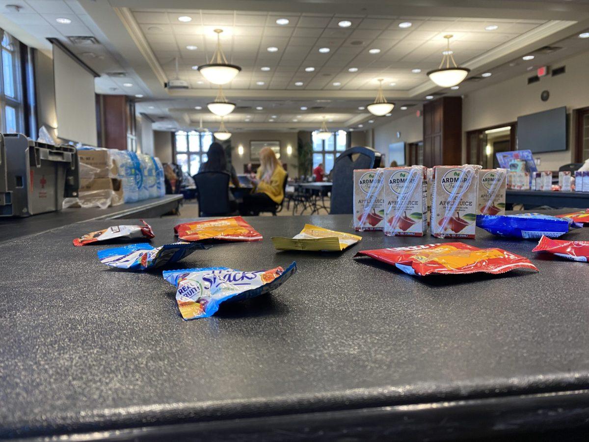 Snacks and drinks sit on a table at Stotler Lounge in Memorial Student Union.