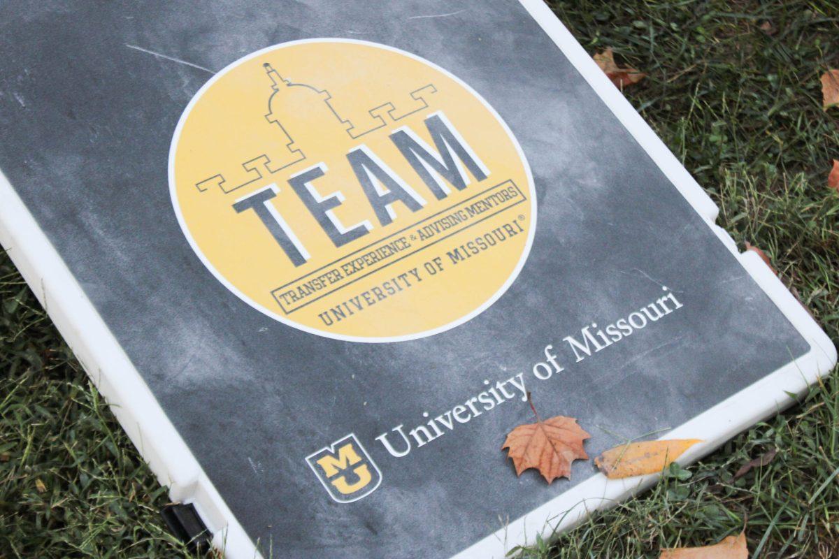 A TEAM cornhole tabletop lying in the grass.