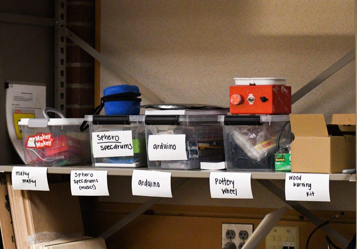 Tools and materials lining the shelves around the room.