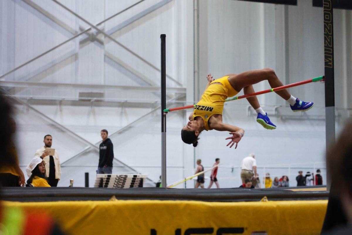 Mizzou high jumper attempts a high jump.
