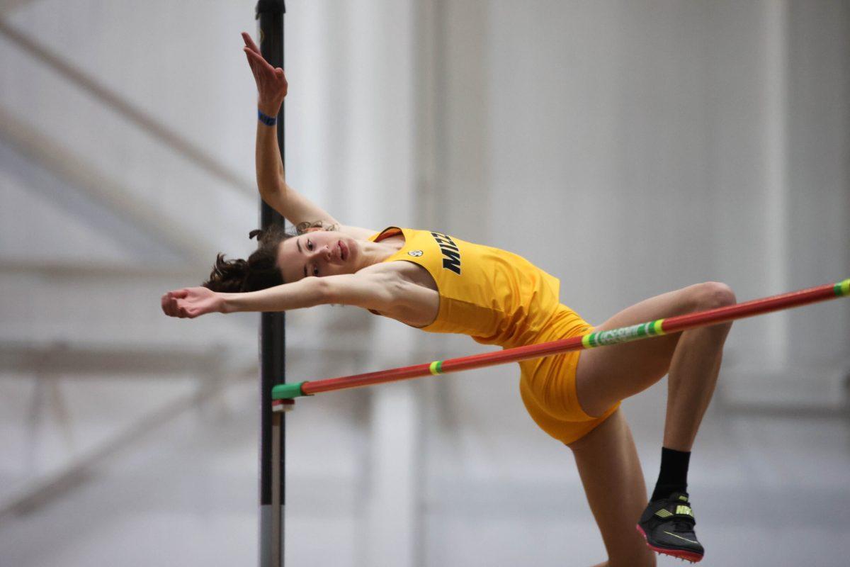 Mizzou high jumper attempts a high jump.