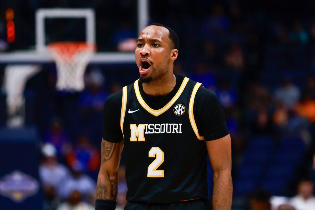 A Missouri basketball player yelling.