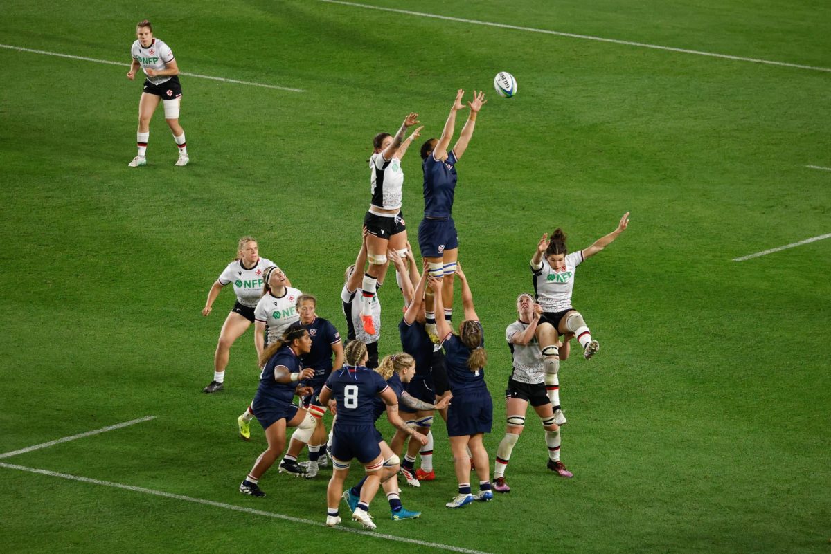 USA Women’s Eagles players perform a lineout during the match against Canada on Friday, May 2, 2025, at CPKC Stadium in Kansas City, Mo. The match was part of the 2025 USA Match Series, consisting of three Women’s Eagles matches and three Men’s Eagles matches at various venues across the country. 