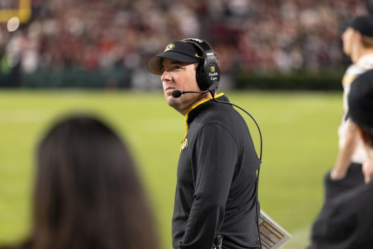 Missouri head coach Eliah Drinkwitz watches the video board as it replays the previous snap on Saturday, Nov. 16, 2024, at Williams-Brice Stadium in Columbia, S.C.