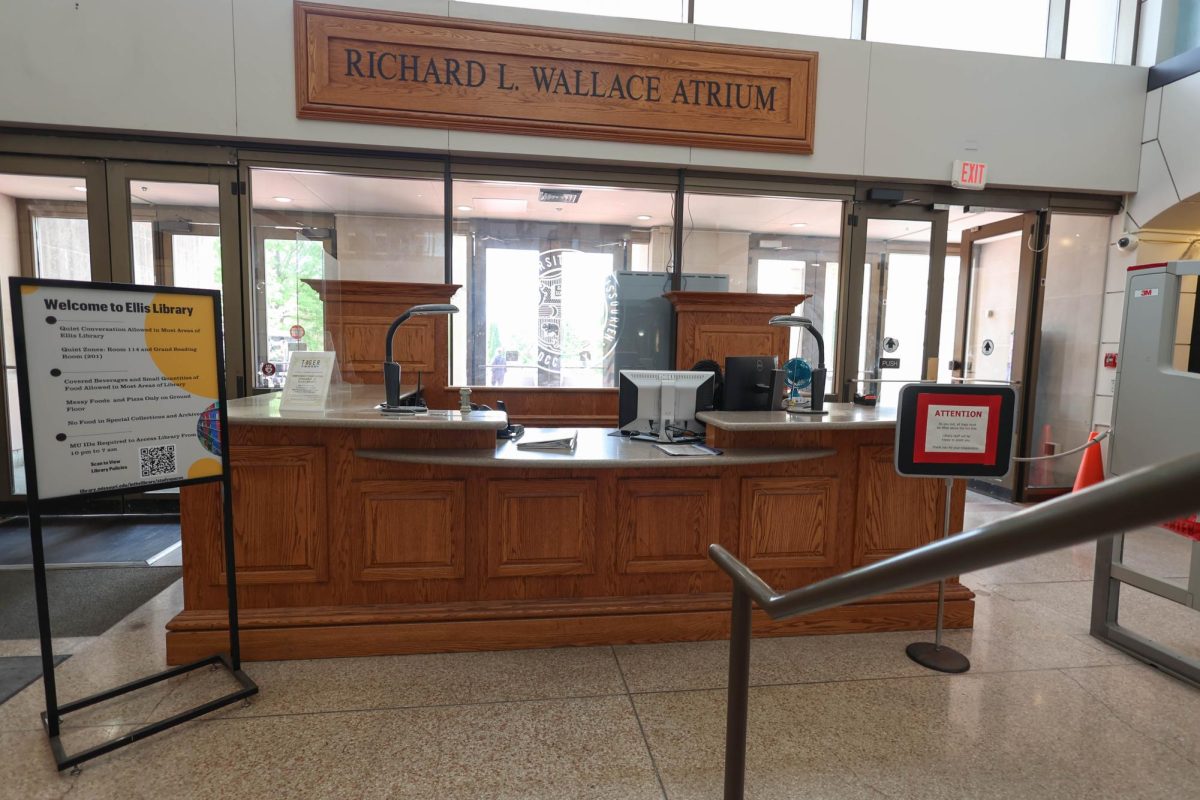 The Ellis Library Security Desk at the west side entrance of the building stands on Friday, April 25, 2025, in Columbia, Mo. Ellis Library has its own safety and security team separate from the University of Missouri Police Department that is funded by student fees.