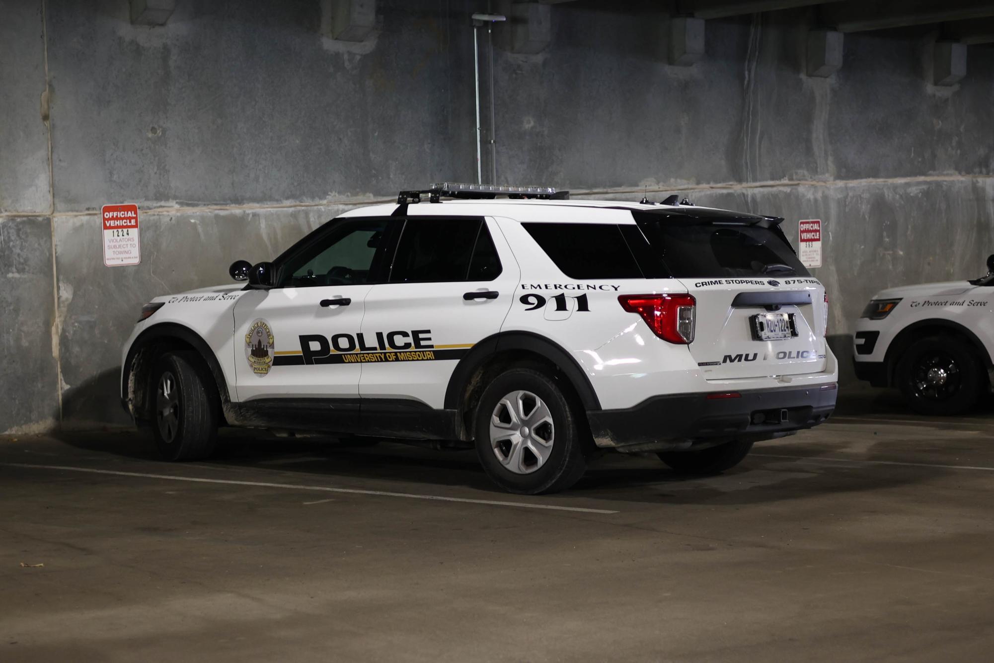 An MUPD police car sits parked in the bottom floor of Virginia Avenue Parking Garage on Friday, April 25, 2025, in Columbia, Mo. MUPD regularly operates in conjunction with the Columbia Police Department, and is able to work outside of its jurisdiction of the MU campus upon request.
