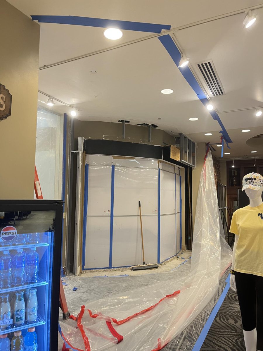 Construction of the future Panera Bread restaurant as seen from The Mizzou Store, April 2025. 