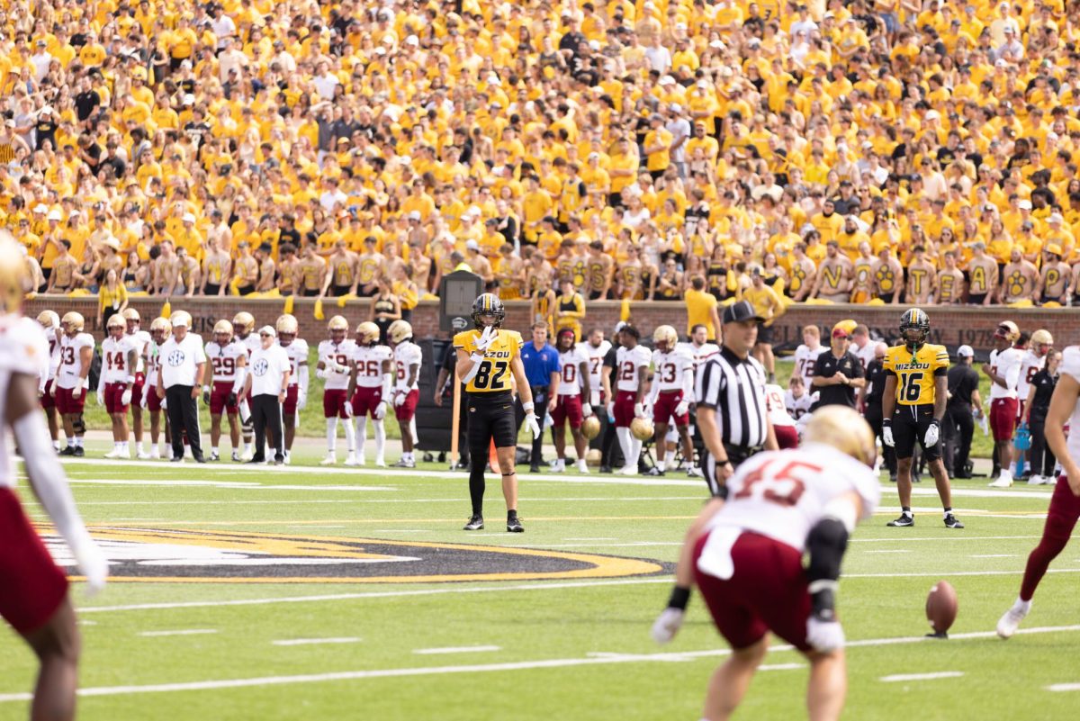 Missouri graduate student wide receiver Logan Muckey prepares for a kickoff against Boston College on Saturday, Sept. 14, 2024, in Columbia, Mo. 
