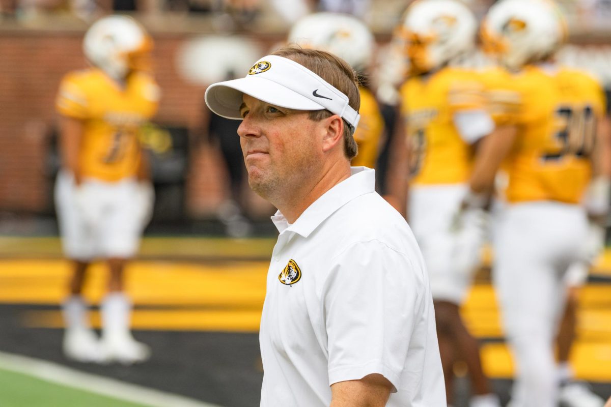 Missouri head coach Eli Drinkwitz surveys Faurot Field on Sept. 21, 2024, during the
Tigers’ game against Vanderbilt in Columbia, Mo. Missouri secured the win 30-27 at their home
field.