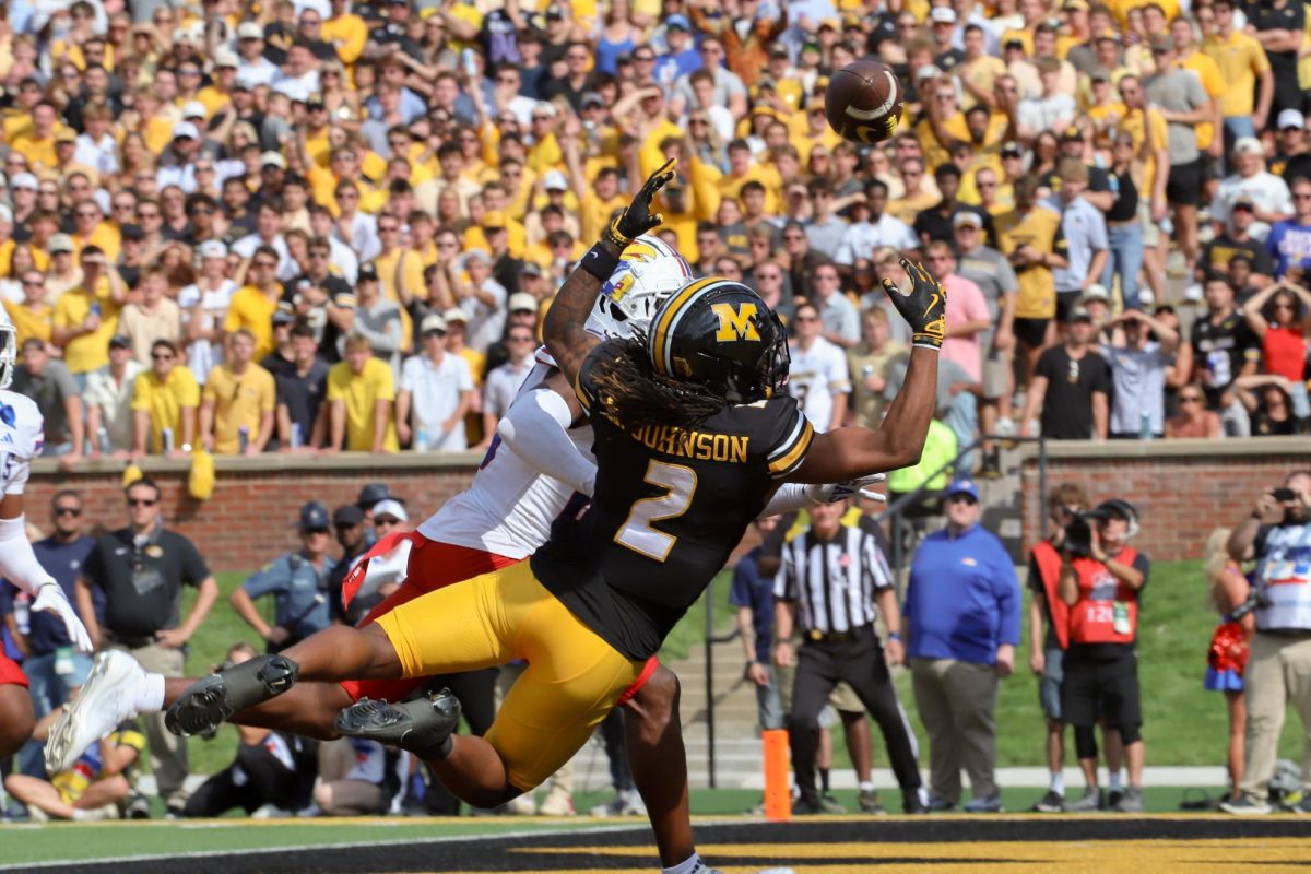 Missouri wide receiver Marquis Johnson flies through the air to catch the ball during Mizzou’s game versus Kansas on Saturday, September 6, 2025 at Faurot Field in Columbia, Mo. Missouri is 2-0 and will face Louisiana on September 13, 2025, at Farout Field.