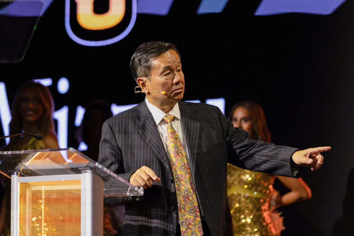 MU System President Mun Choi points towards the panel table while announcing a new $2 billion philanthropic campaign on Sept. 5, 2025, in Columbia, Mo. Choi, who assumed office in 2017, was recently awarded a contract extension through the summer of 2031. 