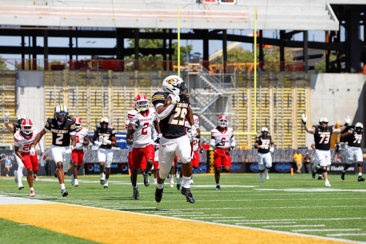 Missouri running back Ahmad Hardy runs towards the endzone in a game against Louisiana-Lafayette on Saturday, Sept. 3, 2025 at Faurot Field in Columbia, Mo. Hardy scored three touchdowns for the Tigers.