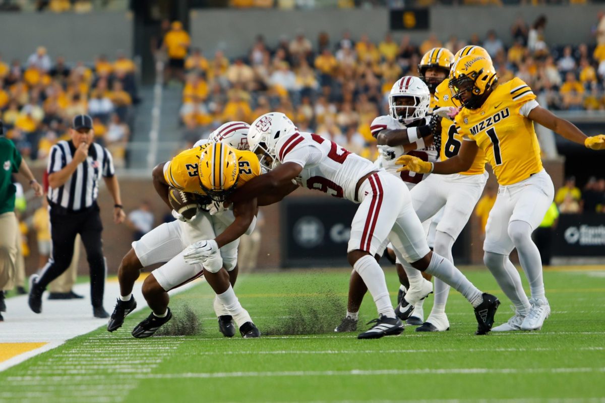 Missouri running back Ahmad Hardy kicks up turf during Missouri’s game versus Massachusetts on Saturday, Sept. 27 at Farout Field in Columbia, Mo. The sophomore has rushed for 100-plus yards in each of the first four games of Missouri’s 2025 season.