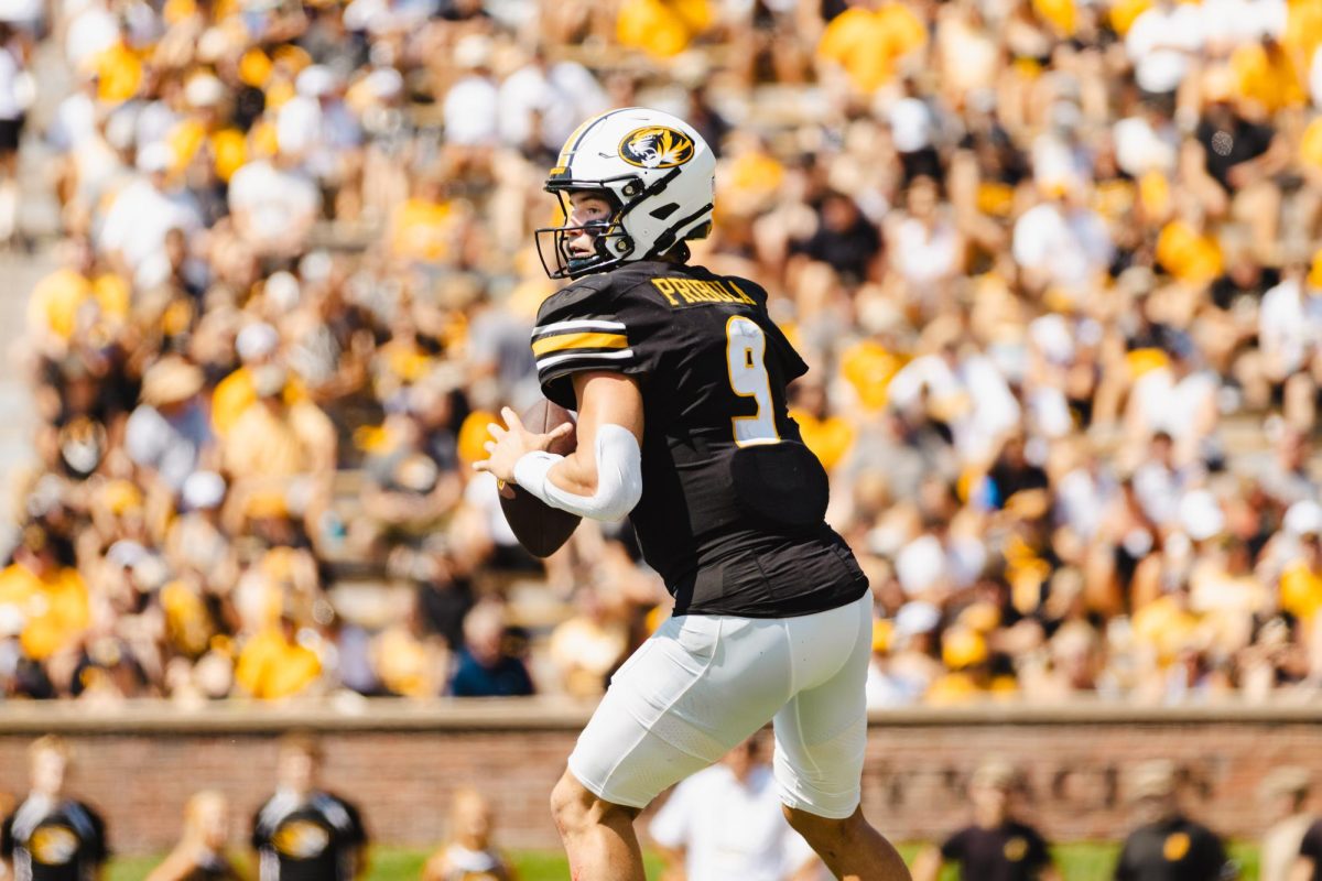 Missouri quarterback Beau Pribula prepares to pass the ball during the football game against Louisiana-Lafayette on Saturday, Sept. 13, 2025, at Faurot Field in Columbia, Mo. Pribula passed for a total of 174 yards and two touchdowns during the game.
