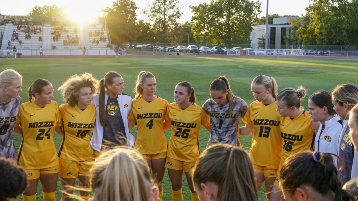 Missouri senior Keegan Good gives a pregame speech to the Tigers in a pregame huddle before their match against Kansas City on Sunday, Sept. 7, 2025 at Walton Stadium in Columbia, Mo.