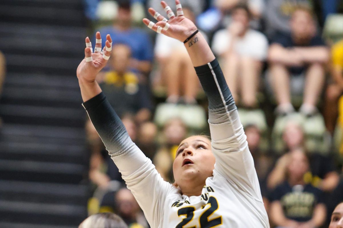 Missouri setter Marina Crownover reaches for a set during Missouri's game against Stanford on Tuesday, Sept. 9, 2025, at Hearnes Arena in Columbia, Mo. Marina had a total of 46 assists and 7 digs for the match. 