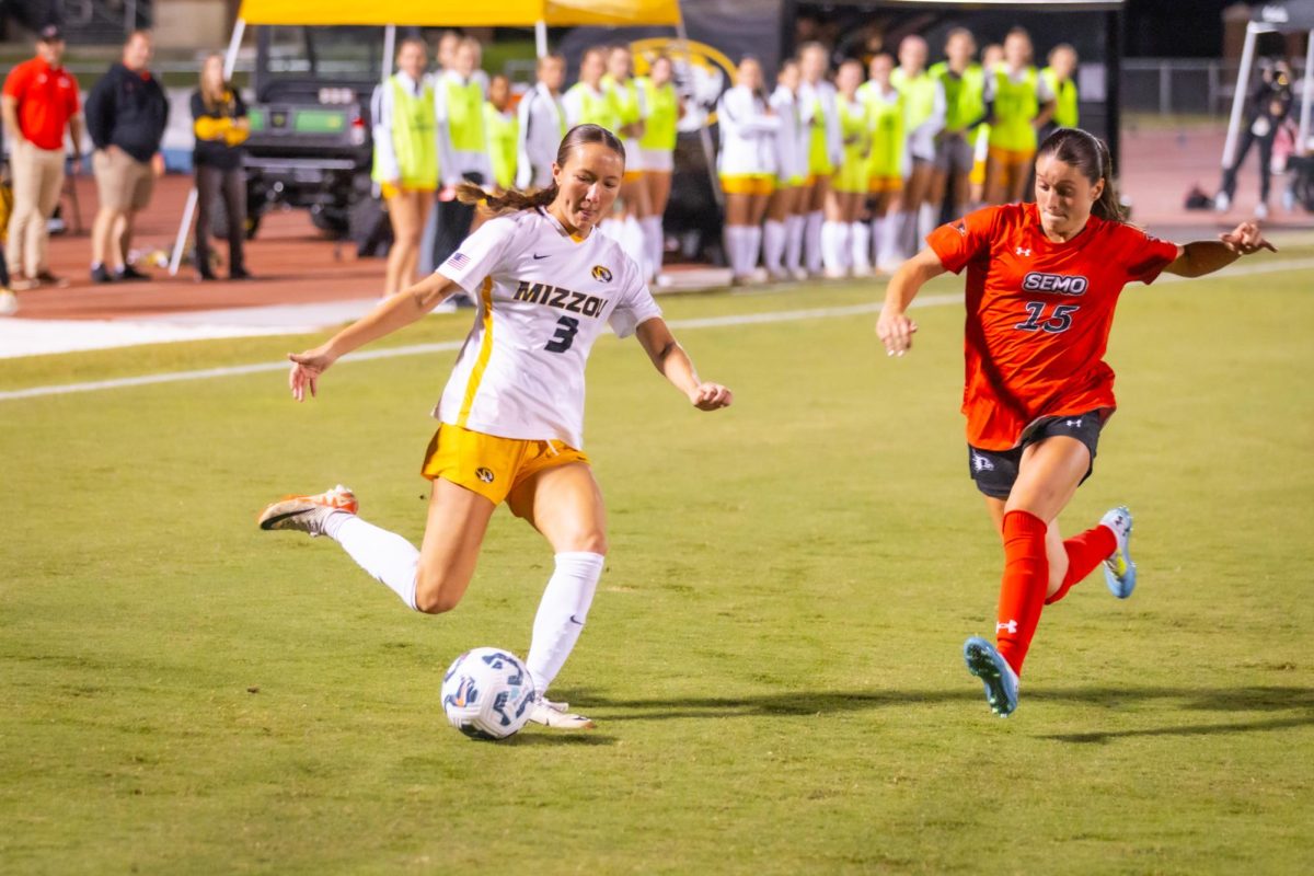 Missouri sophomore defender Mia Yang keeps the ball away from Southeast Missouri junior forward Melissa Kubin as she attempts to pass the ball back to her teammate towards their zone on Sunday, Sept. 8, 2024 at Walton Stadium in Columbia, Mo. Despite being a defensive player, Yang was also able to put up her first assist of the season during her 49 minutes on the pitch.