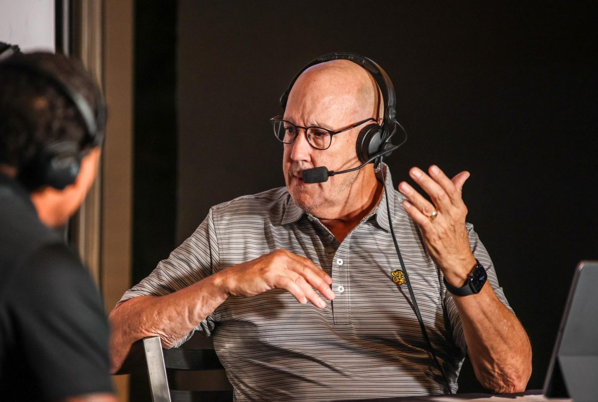 Missouri Football and Missouri Basketball play-by-play radio announcer Mike Kelly speaks at his weekly show “Tiger Talk” on Sept 16, 2025, at Harpo's Bar and Grill in Columbia, Mo. Kelly has been play-by-play announcer for Missouri sports for over 30 years, and was inducted into the Missouri Sports Hall of Fame in 2017.