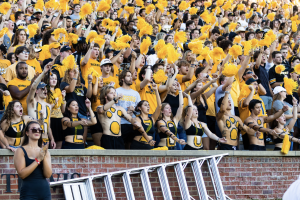 The Missouri student section celebrates during a game against Central Arkansas on Thursday, August 28, 2025. 