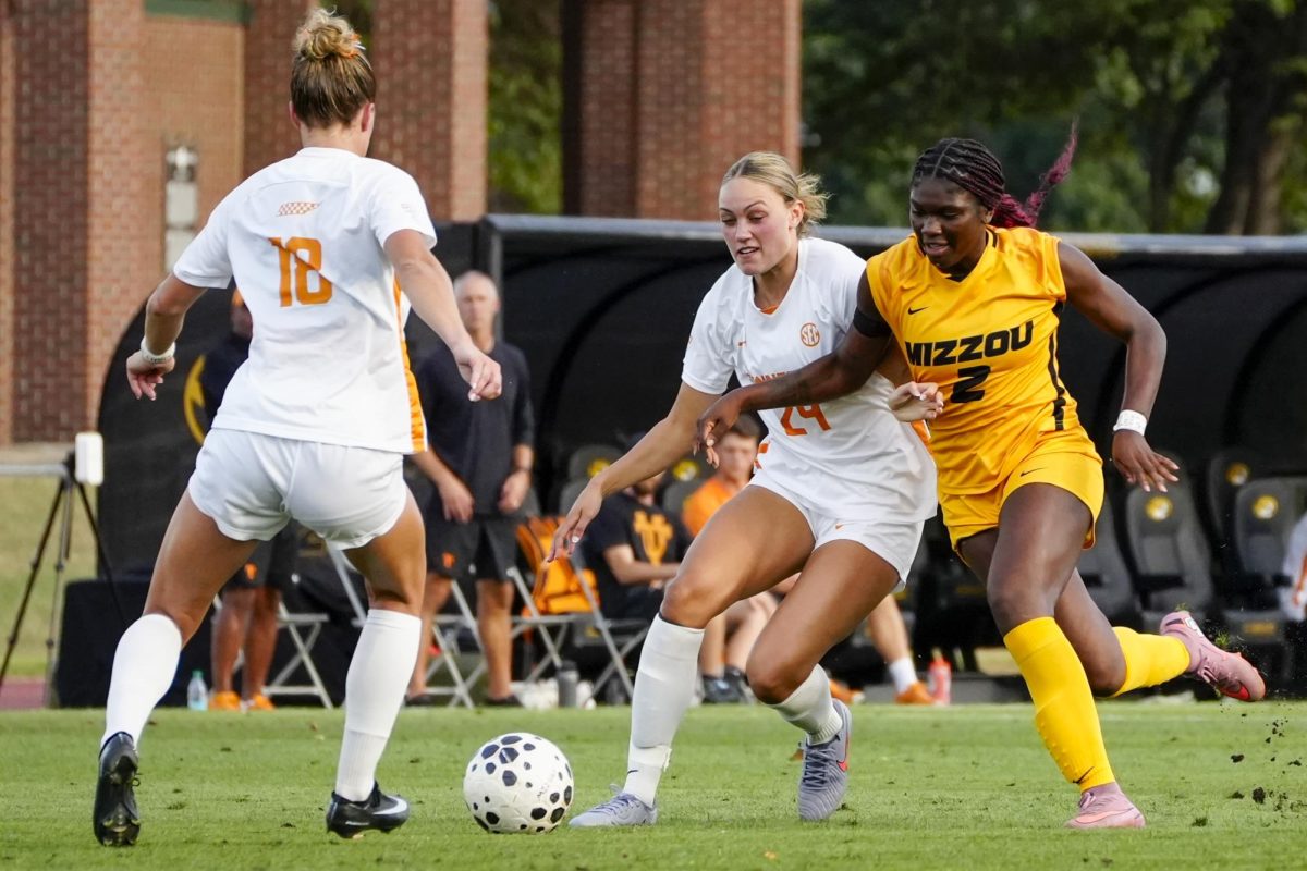 Missouri forward Brianna Buels battles Tennessee defender Jasmine Boggs for possession of the ball during a match on Thursday, Sept. 18, at Walton Stadium in Columbia, Mo. Buels was held scoreless and shotless in a 2-0 loss to the Lady Vols.