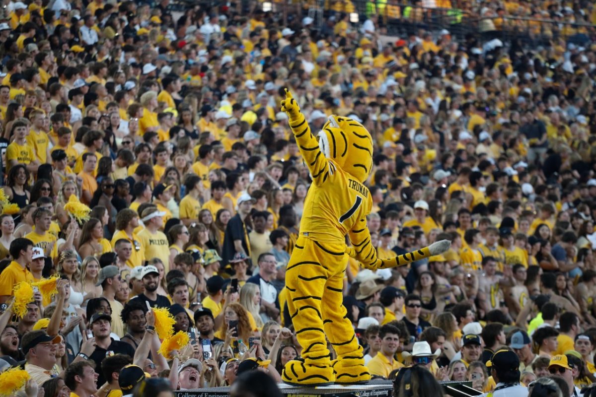 Missouri mascot Truman the Tiger waves to Missouri’s student section during their matchup against Massachusetts on Saturday, Sept. 27 at Faurot Field in Columbia, Mo. The final score of the game was a 42-6 win for Missouri.
