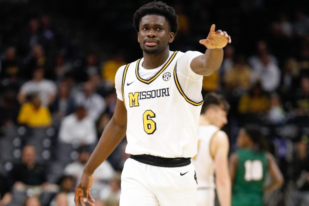 Missouri guard Annor Boateng points down the court during a game against Mississippi Valley State on Thursday, Nov. 14, 2024