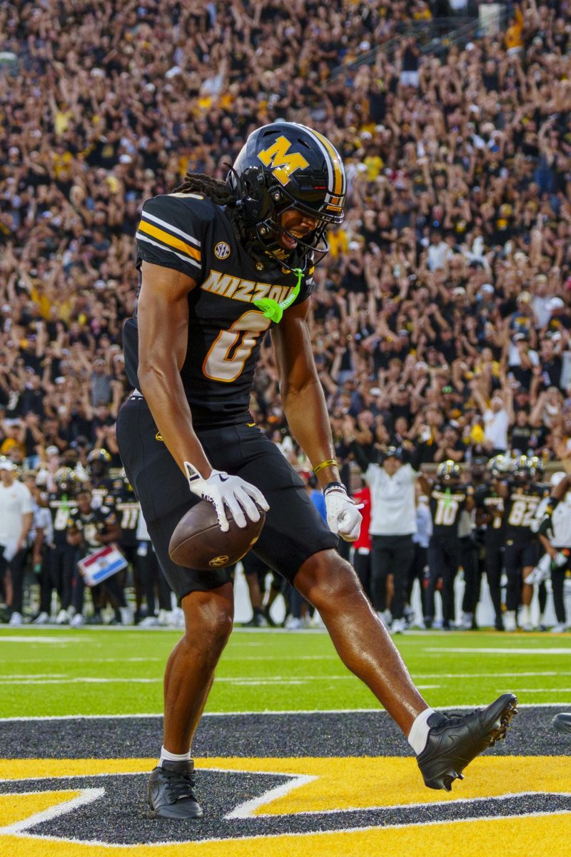 Missouri wide receiver Joshua Manning celebrates after scoring in the second
quarter of a game against South Carolina on Sept. 20, at Faurot Field in Columbia, Mo. Manning’s touchdown capped off a nine-play, 99 yard drive by the Tigers.