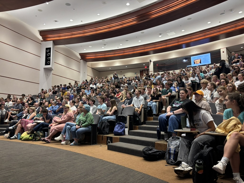 Audience members listen to translator Emily Wilson speak on Tuesday, Sept. 9 at Cornell Hall in Columbia, Mo. Wilson's guest lecture was about “Translating the Violence of the ‘Iliad.’”
