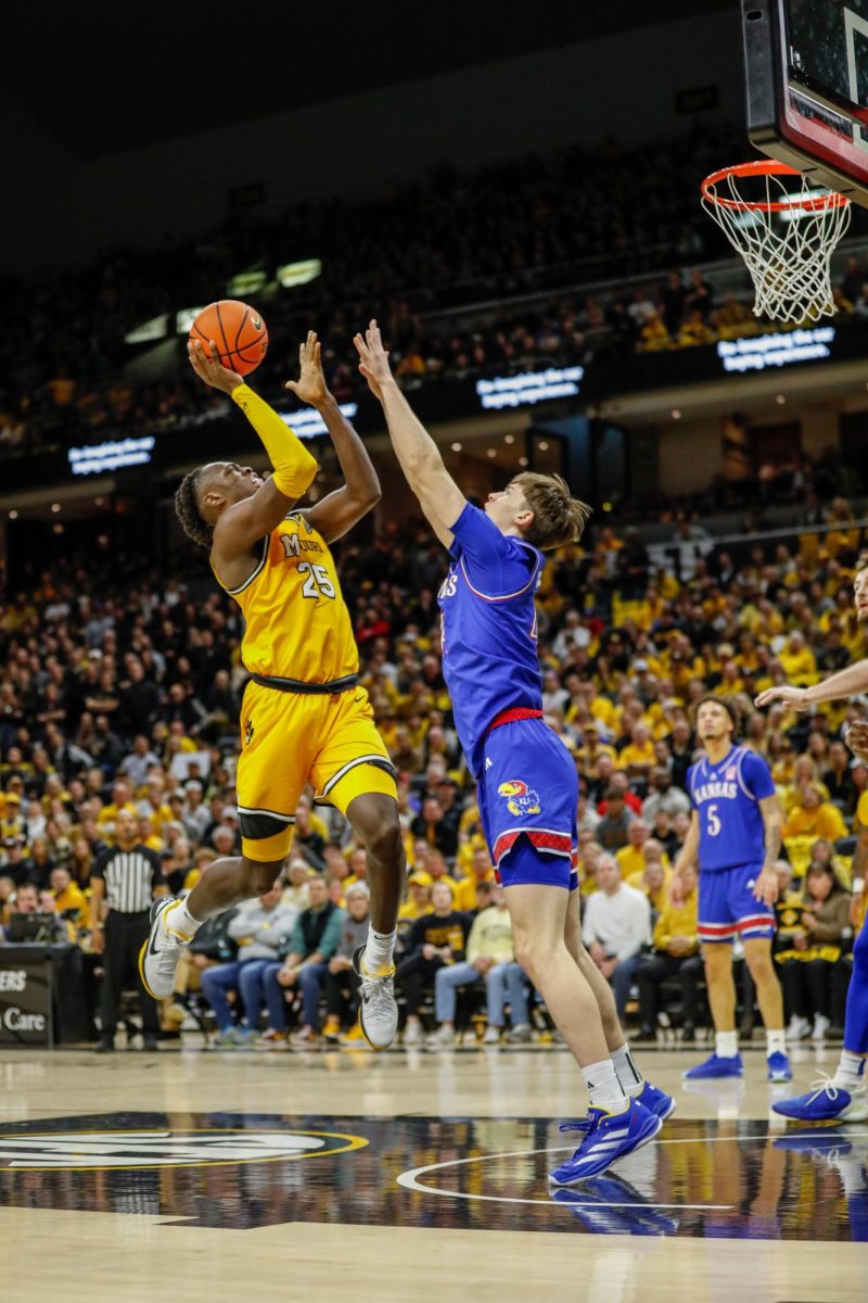 Missouri forward Mark Mitchell attempts to score in the game against Kansas on Sunday, Dec. 8, 2024, at Mizzou Arena in Columbia, Mo.
