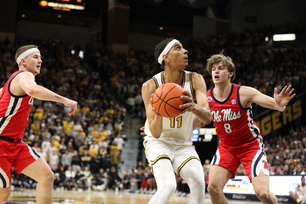 Missouri guard and forward Trent Pierce prepares to shoot the basketball during a game against Ole Miss on Saturday, Jan. 25