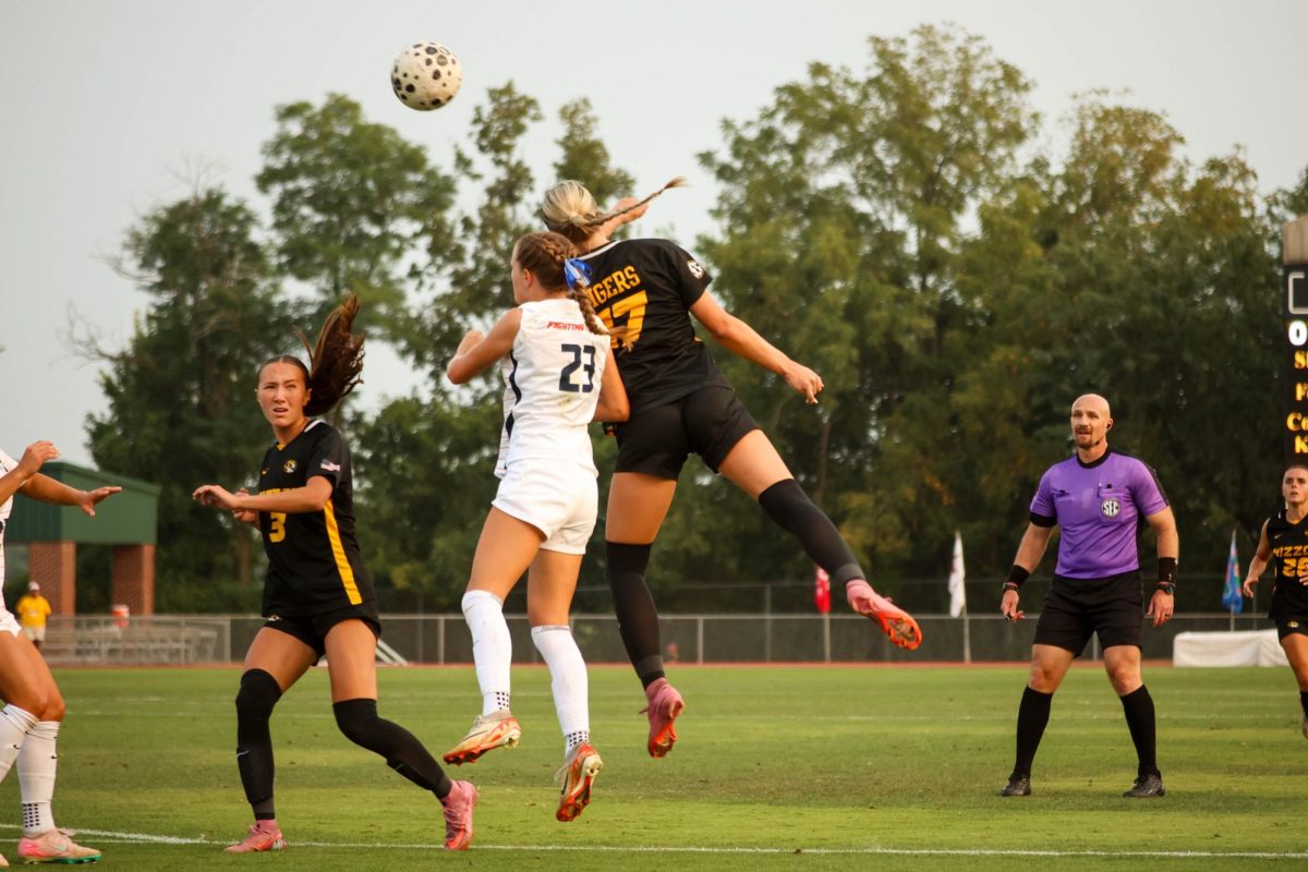 Missouri forward Emily Derucki goes for a header against Illinois on Thursday, Sept. 4, 2025 at Audrey J. Walton Stadium in Columbia, Mo. The Tigers open SEC play Friday September 12th against Texas and then take on #2 Tennessee the following Thursday.