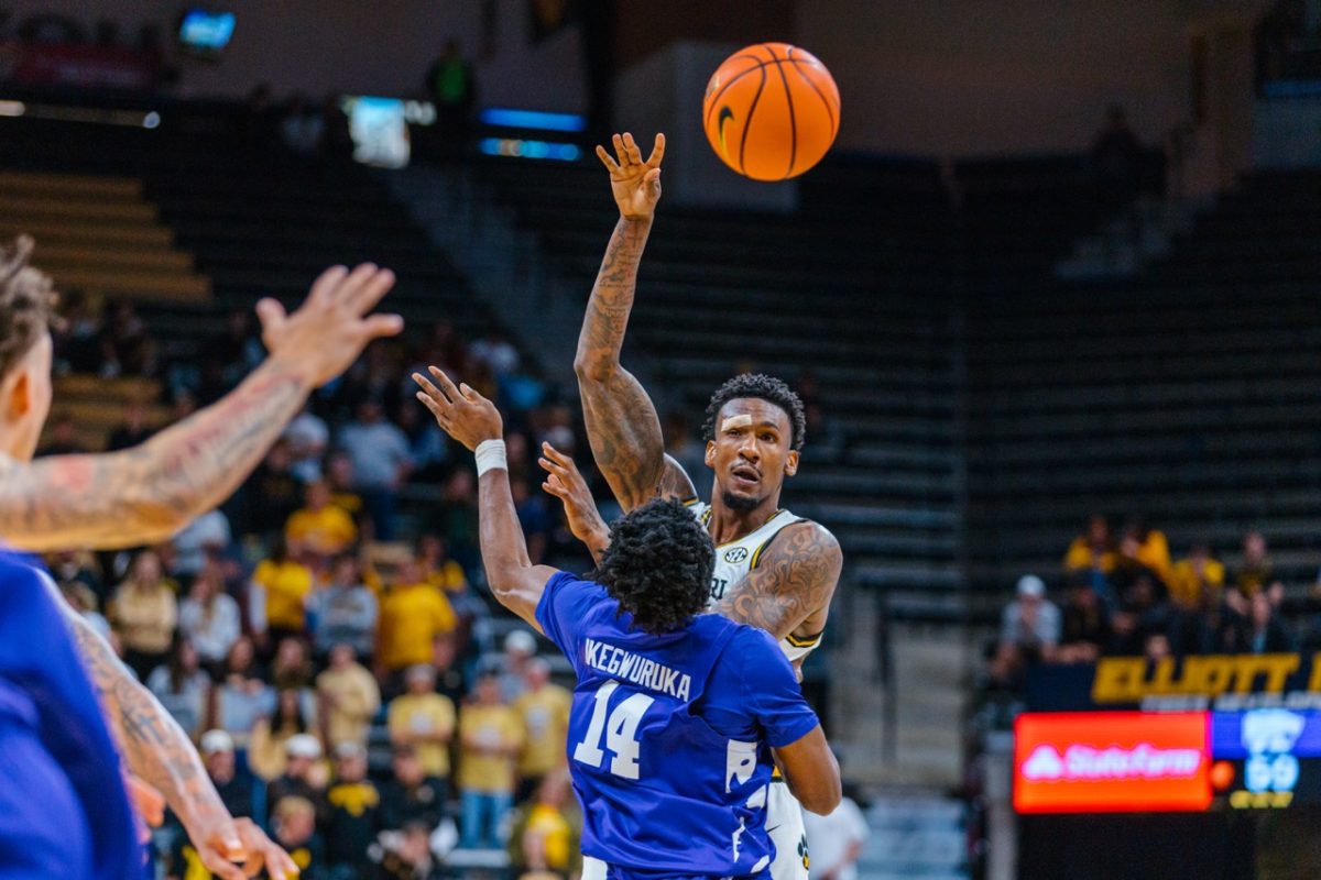 Missouri center Shawn Phillips Jr. throws the ball during the game against Kansas State on Friday, Oct. 24 at Mizzou Arena in Columbia, Mo. The next game will be on Monday, Nov. 3 against Howard.